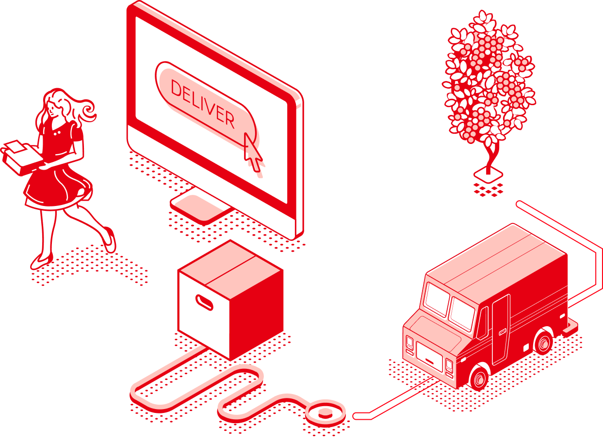 Drawing of a woman receiving a package from an online purchase